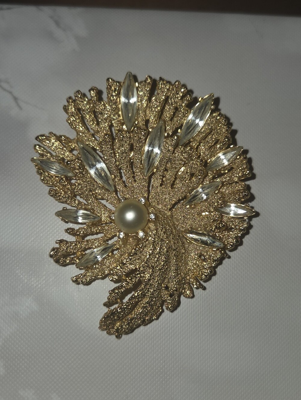 Vintage gold-tone crystal navette and pearl brooch